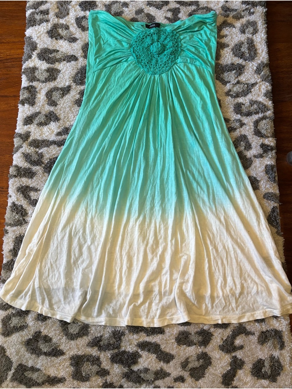 Turquoise Cream Ombre Strapless Maxi Dress Swim Cover with Crochet Floral Detail